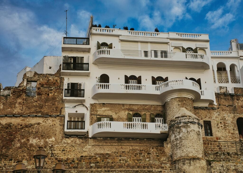 Historic building in Tangier's Medina showcasing Moroccan colonial architecture.