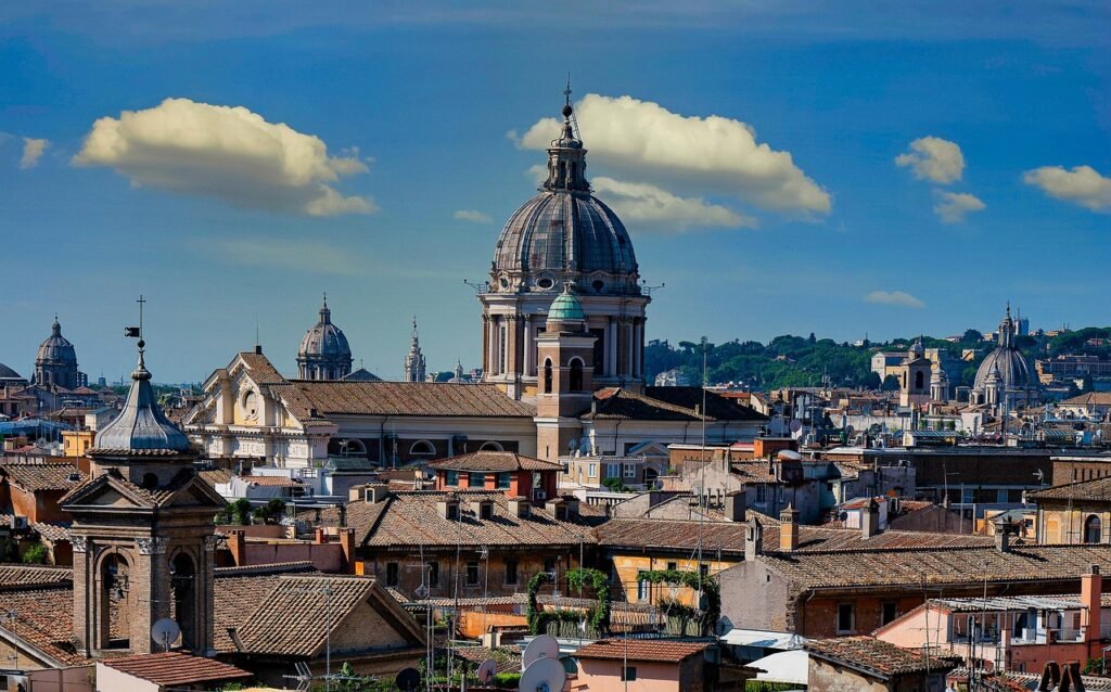 Rome city skyline with historic landmarks, Italy
