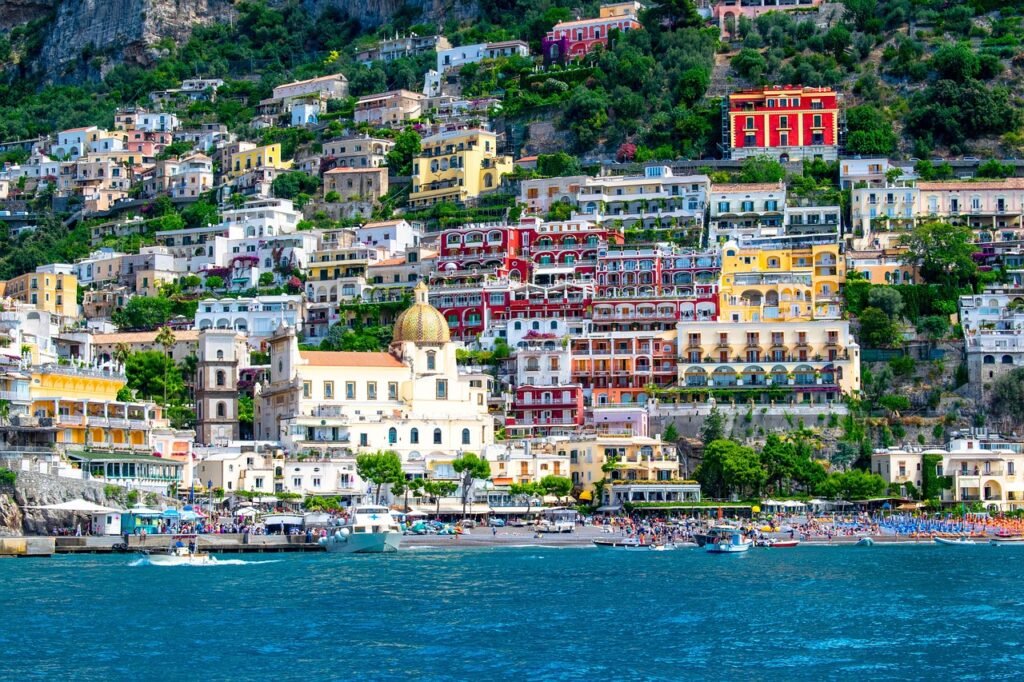 Positano, Italy, with colorful hillside houses overlooking the Mediterranean Sea