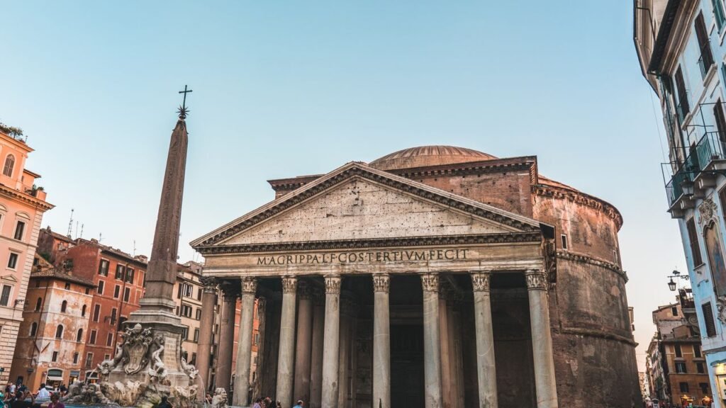 Capture of the iconic Pantheon in Rome, Italy, showcasing its ancient architecture and obelisk.