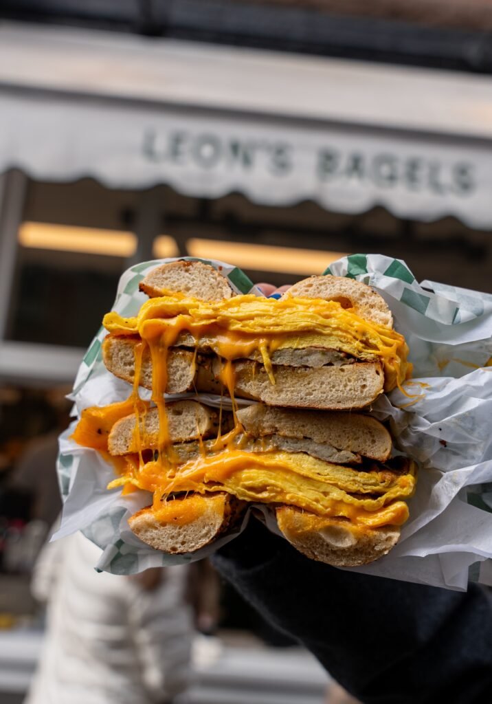 Mouthwatering egg and cheese bagel from Leon's Bagels in NYC.